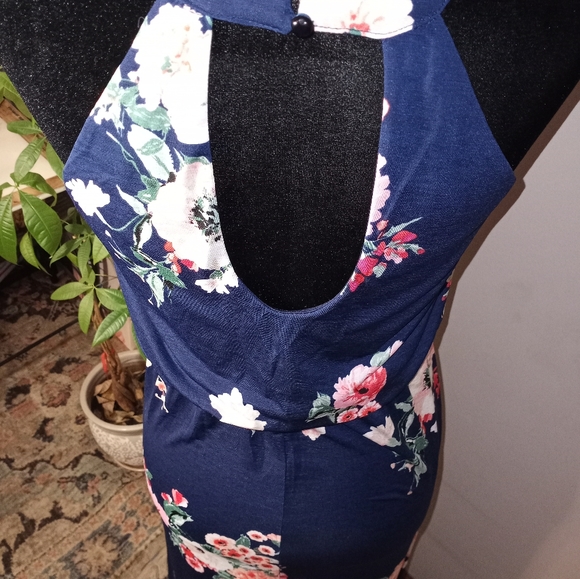 Long blue flora summer dress with sexy modest front slit. Sz s three pink hearts - Picture 5 of 8